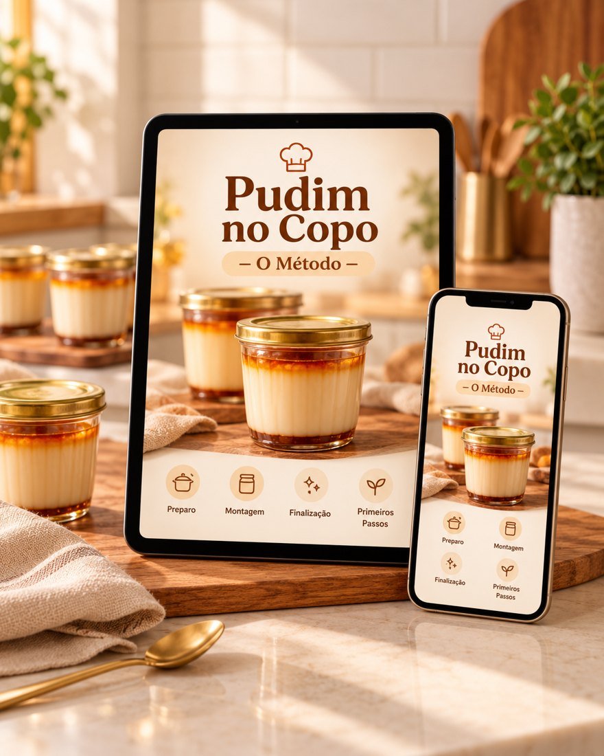Mockup ilustrativo: Pudim no Copo — O Método